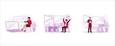 Yatırım simsarları indeksleri analiz eder. Serbest borsacı başarılı ticareti kutluyor. Girişimci alım-satım opsiyonları. Modern vektör düz illüstrasyonunu ayarla