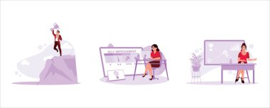 Elinde kupa olan bir adam dağa tırmanıyor. Kişisel gelişimle kişisel gelişim. Öğrenciler tahtanın önünde kendinden emin görünüyorlar. Kişisel gelişim konsepti. Modern vektör düz illüstrasyonunu ayarla