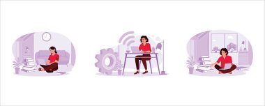 Kadınlar evden müzik dinleyerek çalışıyor. Evde rahat bir iş. Merkez büroda uzaktan çalış. Serbest Üretim konsepti. Modern vektör düz illüstrasyonunu ayarla