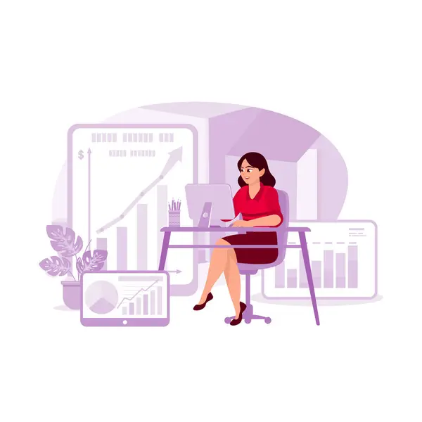 Businesswoman Sitting Office Computer Analyzing Charts Taxes Statistics Trend Modern — Stock Vector