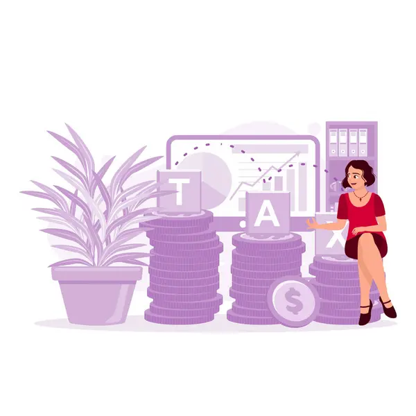Czas Zapłacić Podatki Kobietą Siedzącą Stosie Monet Tło Diagramu Roślin — Wektor stockowy