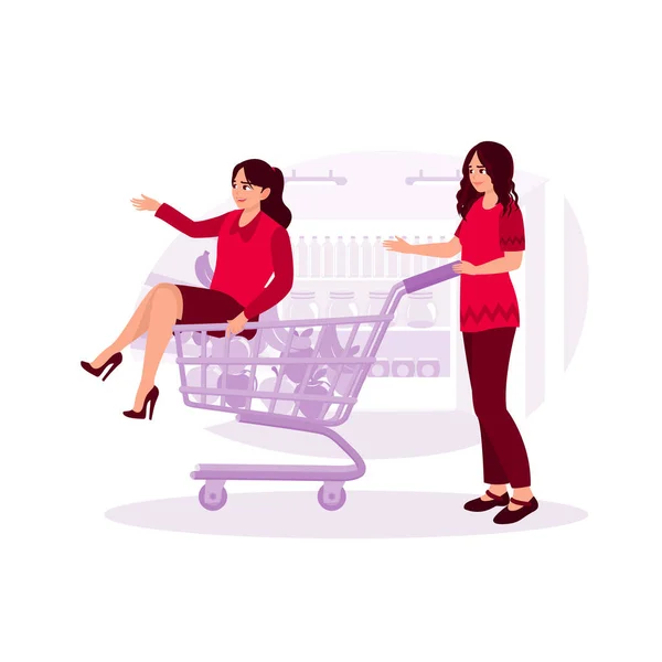 Två Unga Kvinnor Har Roligt Att Välja Något Att Köpa — Stock vektor