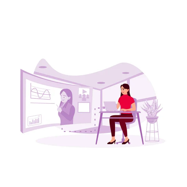 Young Woman Having Video Conference Her Teacher Trend Modern Vector — Stock Vector