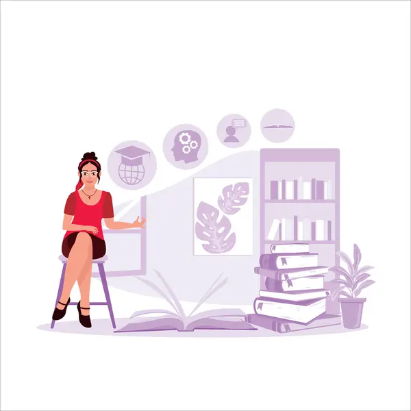 Mujer Educada Sentada Lado Del Libro Abierto Biblioteca Concepto Aprendizaje — Vector de stock