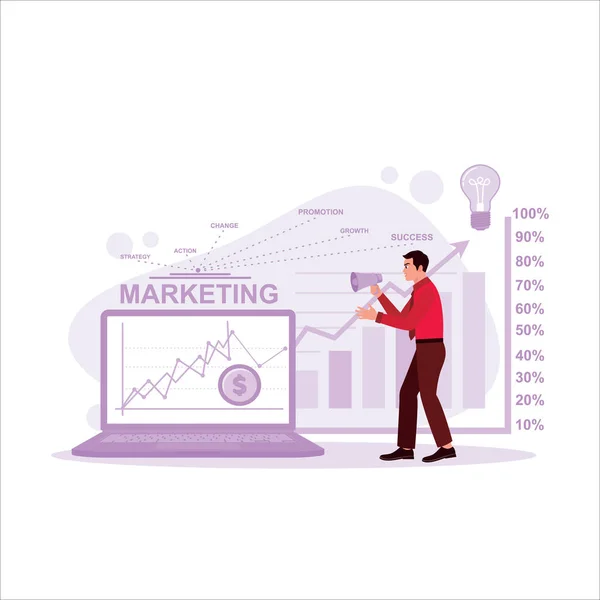 Koncepcja Marketingu Menedżer Trzymający Mikrofon Analizujący Proces Marketingowy Wykresami Wykresami — Wektor stockowy