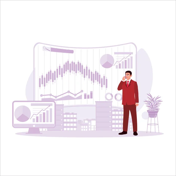 Financieel Manager Analyseert Aandelenmarkt Voor Beste Beleggingsstrategie Financiële Data Grafiek — Stockvector