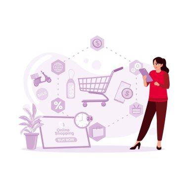 Bir kadın ekranında online alışveriş simgesi olan bir akıllı telefon kullanıyor. Dijital alışveriş konsepti. Modern vektör düz resimleme eğilimi