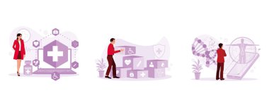 Kadın doktor tıbbi ağ ikonu bağlantısına bakıyor. Doktor ahşap blokları tıbbi simgelerle düzenliyor. Sanal dijital sağlık hizmetleri. Tıbbi konsept. Modern vektör düz illüstrasyonunu ayarla