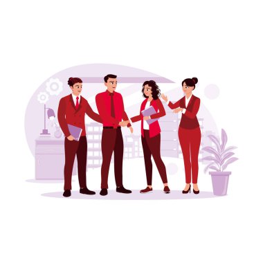 İş adamları bir anlaşma yaptıktan sonra gülümser, el sıkışır ve birbirlerini tanırlar. Bir fikir konseptini tanıt. Modern vektör düz resimleme eğilimi