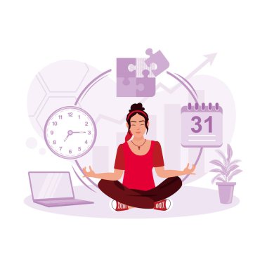 Yoga pozisyonunda oturan genç bir iş kadını zaman yönetimi geçmişiyle meditasyon yapıyor. Zaman Yönetimi konsepti. Modern vektör düz resimleme eğilimi