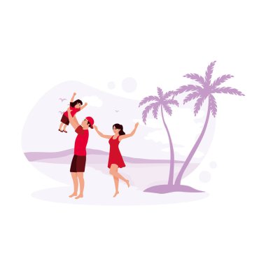 Mutlu bir baba, anne, sahilde tatilde bir çocuk. Onlar sahilde yürüdüler. Tatil beldesi seyahat konsepti. Modern vektör düz resimleme eğilimi