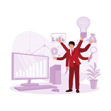 Bir ofiste aynı anda çalışan takım elbiseli bir iş adamı. - Evet. Çoklu görev konsepti. Modern vektör düz resimleme eğilimi