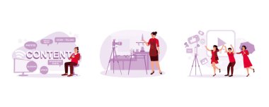 Sosyal medyada içerik oluştur. Video içeriği pişiriliyor. Video günlüğü içeriği. Blog oluşturma konsepti. Modern vektör düz illüstrasyonunu ayarla