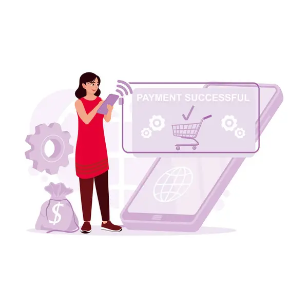 Kadınlar Internet Üzerinden Akıllı Telefon Alışverişi Yaparak Online Ödeme Yapıyorlar — Stok Vektör