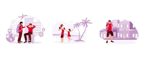 Dwóch Turystów Wakacjach Całym Świecie Szczęśliwa Rodzina Wakacjach Plaży Młody — Wektor stockowy