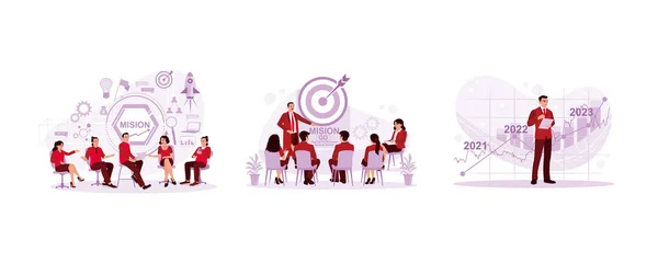 Multicultural Businesspeople Sitting Together Meeting Target Vision Strategy Office Economic — Stock Vector