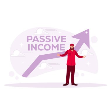 Yükselen okun önünde duran bir iş adamı. Bulutta pasif gelir yazıyor. Pasif gelir kavramı. Modern vektör düz resimleme eğilimi