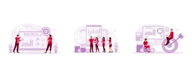 Maaş konsepti. Hedeflere yönelik finansal grafikler ve grafikler oluşturun. Çalışanları tebrik ederim. Ofis çalışanlarının maaşlarını hesaplıyorum. Modern vektör düz illüstrasyonunu ayarla