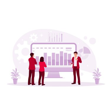 Şirket operasyon müdürü bir toplantı sunumu yapıyor. Bir dizüstü bilgisayar kullanarak büyüme grafiklerini, istatistiklerini ve verilerini analiz edin. Sunum konsepti. trend modern vektör düz illüstrasyon