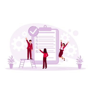 Mutlu iş adamları başarılı işlerin sonuçlarını kontrol ediyorlar. İş bitirme konsepti. trend modern vektör düz illüstrasyon
