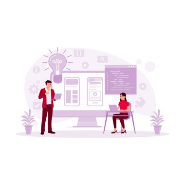 Bayan UX Mimarı yeni bir proje için Erkek Tasarım Mühendisi ile konuşuyor. Çalışanların çalışma konsepti. Modern vektör düz resimleme eğilimi