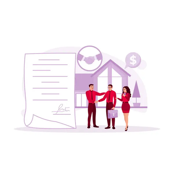 Married Couple Shakes Hands Real Estate Broker Signing Letter Agreement — Stock Vector