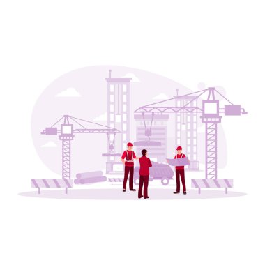 İnşaat mühendisleri dış yapılar üzerinde mühendislik çalışmaları yapıyor. Mimar konsepti. Modern vektör düz resimleme eğilimi