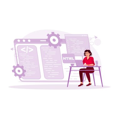 Dizüstü bilgisayar programlama yazılım uygulamaları üzerinde çalışan kadın bir bilişim geliştiricisi. Programcılar konsepti. Modern vektör düz resimleme eğilimi