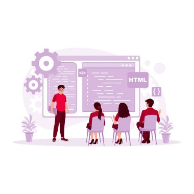 Bilgi işlem uzmanı meslektaşlarına toplantı odasında bilgisayar bilimini anlatıyor. Programcılar konsepti. Modern vektör düz resimleme eğilimi