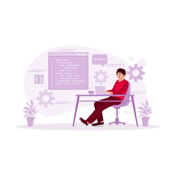 Uygulama geliştiricileri bir bilgisayar ekranı önünde yazılım uygulama programları geliştirirler. Programcılar konsepti. Modern vektör düz resimleme eğilimi