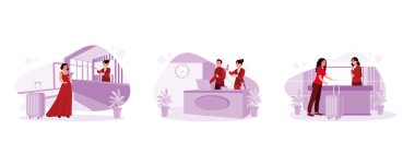 Otel resepsiyonisti otelden ayrılacak, müşteri telefonları alacak ve müşteri belgeleri alacak yolculara hizmet veriyor. Otel resepsiyonisti konsepti. Modern vektör düz resimlemesini ayarla