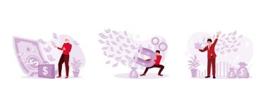 Milyoner, yaşlı adamlar parayı çöpe atıyor. Mıknatıs ile parayı çek. Çok para kazan. Para kazanma konsepti. Modern vektör düz resimlemesini ayarla