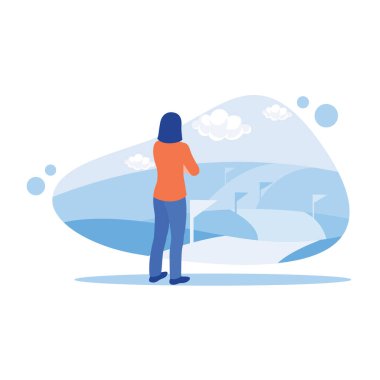 İş adamları başlangıç çizgisinde duruyor ve başarıya giden iş yolculuğuna bakıyor. Kariyer geliştirme konsepti. trend modern vektör düz illüstrasyon