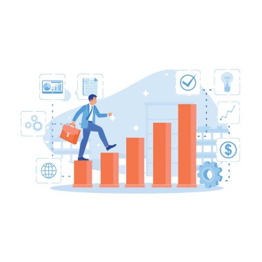 Bir işadamı iş ikonlarının arka planında bir evrak çantası taşıyarak merdivenlerden yukarı çıkıyor. Kariyer geliştirme konsepti. trend modern vektör düz illüstrasyon