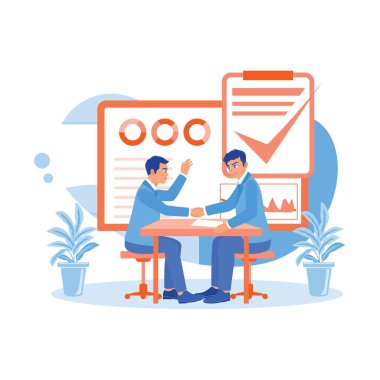 Genç yönetici görüşme bittikten sonra yeni çalışanla tokalaşıyor. Çalışan Yapım konsepti. trend modern vektör düz illüstrasyon