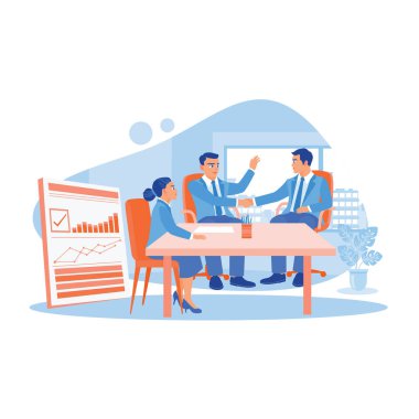 İş adamları karşılıklı anlaştıktan sonra toplantı odasında tokalaşıyorlar. Çalışan Yapım konsepti. trend modern vektör düz illüstrasyon