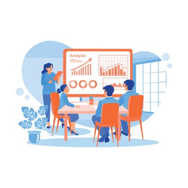 Kadın yöneticinin bir grup ekonomistle toplantısı var. Büyüme grafiklerini, istatistiklerini ve verilerini analiz et. Büyüme Analizi Konsepti. trend modern vektör düz illüstrasyon