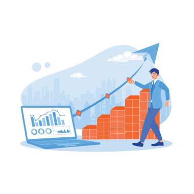 İş adamı bilgisayarla iş büyümesini analiz ediyor. Büyüme Analizi Konsepti. trend modern vektör düz illüstrasyon