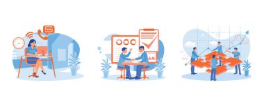 Müşterilerle görüşmeler yap. Konsültasyonu tamamla. Takım çalışması konsepti. Çalışan Yapım konsepti. Modern vektör düz resimlemesini ayarla