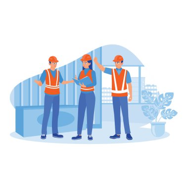 İnşaat sürecinde mühendisler ve mimarlar için çalışma planı. İnşaat sektöründeki kavram teknolojisi. Bilgi kavramını tartışın. trend modern vektör düz illüstrasyon