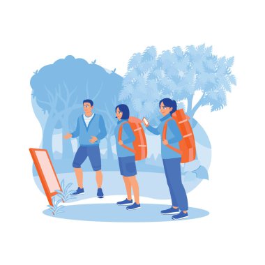 Sırt çantalı ve akıllı telefonlu iki kadın turist. Bir tur rehberiyle ormanda bir tura çık. Turist rehberi konsepti. trend modern vektör düz illüstrasyon