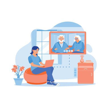 Evin içindeki kanepede oturan genç bir kadın. Bilgisayarla anne ve babasıyla çevrimiçi görüşmeler yapıyor. Sanal İlişkiler konsepti. trend modern vektör düz illüstrasyon