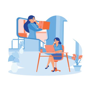 İnternetten bilgisayar kullanarak alışveriş yapan güzel bir kız. Paket teslimatı yapan küçük işletme sahipleriyle çevrimiçi görüşmeler yap. Doğrulama Emri. trend modern vektör düz illüstrasyon