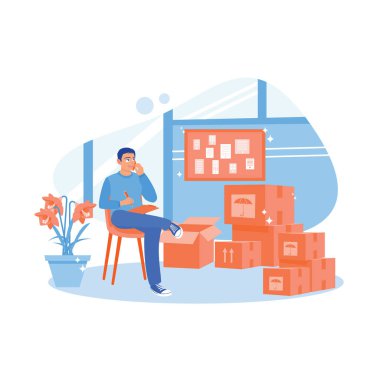 Bir e-ticaret şirketi olan genç bir girişimci. Siparişleri onaylamak ve müşteri adreslerini kontrol etmek için tedarikçileri ara. Doğrulama Emri. trend modern vektör düz illüstrasyon