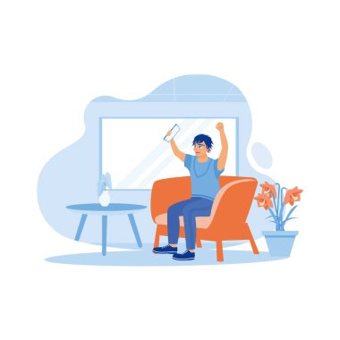 Sandalyede oturan ve elinde akıllı telefon tutan mutlu bir adam. Cep telefonundan mutlu haberler al. Kutlama konsepti. trend modern vektör düz illüstrasyon