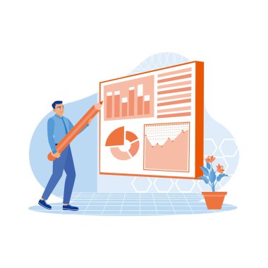 Girişimci CEO yatırımcılara ve girişimcilere satış veri grafiği gösteriyor. İş adamı CEO büyük bir kalemle projektör ekranını işaret ediyor. İş analizi konsepti. trend modern vektör düz illüstrasyon