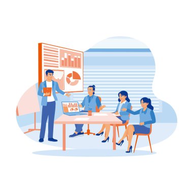 Çeşitli iş ekiplerinin ofis içinde toplantıları var. Bir dizüstü bilgisayardaki mali rapor grafiklerini analiz edin ve toplantılarda bunları birlikte tartışın. İş analizi konsepti. trend modern vektör düz illüstrasyon