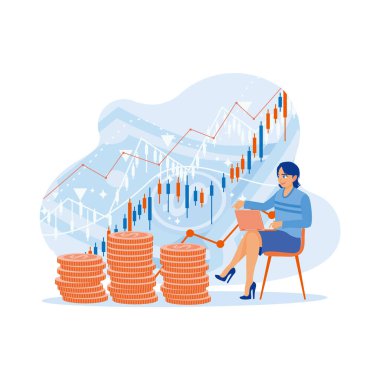 Ofisteki dizüstü bilgisayarı elinde tutan bir sandalyede oturan iş kadını. İstikrarsız iş ve finansal stratejilerin yönetimini araştırın. Hisse senedi konsepti. trend modern vektör düz illüstrasyon