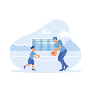 Genç bir baba ve oğlu sahada futbol oynuyor. Birlikte çalarken çok mutlu görünüyorlar. Çocuk konsepti. trend modern vektör düz illüstrasyon