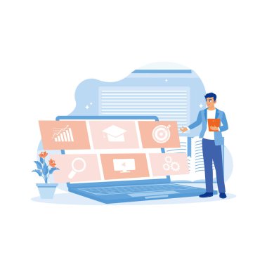 Dizüstü bilgisayar ve dijital tablet kullanan erkekler online eğitime dizüstü bilgisayarlardan erişiyor. Uzaklık eğitimi internet teknolojisi. Eğitim konsepti. trend modern vektör düz illüstrasyon